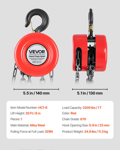 Hand Chain Hoist, 1 Ton 2200 lbs Capacity, Manual Chain Block with Upgrade G70 Galvanized Chain, 20 ft Lifting Height, Heavy Duty Pulley Hoist for Garage Warehouse Automotive Machinery, Red
