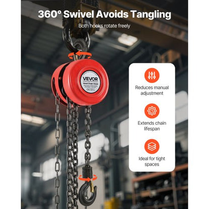 handtelfer, 1 ton kapacitet, manuell kedjeblock med uppgradering G70 galvaniserad kedja, 2,44 m lyfthöjd, kraftig remskivetelfer för garage, lager, fordonsmaskiner, röd |  EU
