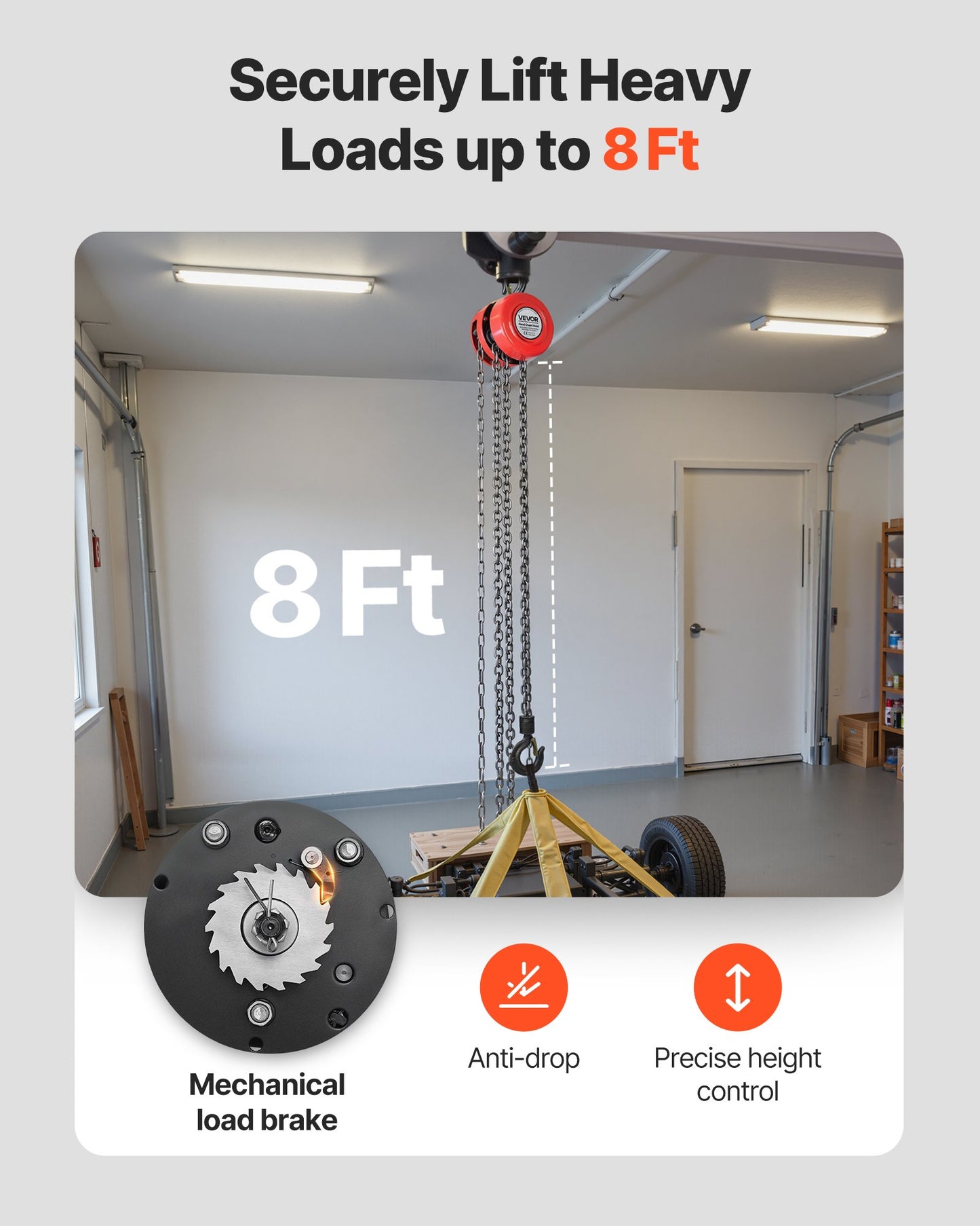 Hand Chain Hoist, 1 Ton 2200 lbs Capacity, Manual Chain Block with Upgrade G70 Galvanized Chain, 8 ft Lifting Height, Heavy Duty Pulley Hoist for Garage Warehouse Automotive Machinery, Red