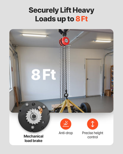 Hand Chain Hoist, 1 Ton 2200 lbs Capacity, Manual Chain Block with Upgrade G70 Galvanized Chain, 8 ft Lifting Height, Heavy Duty Pulley Hoist for Garage Warehouse Automotive Machinery, Red