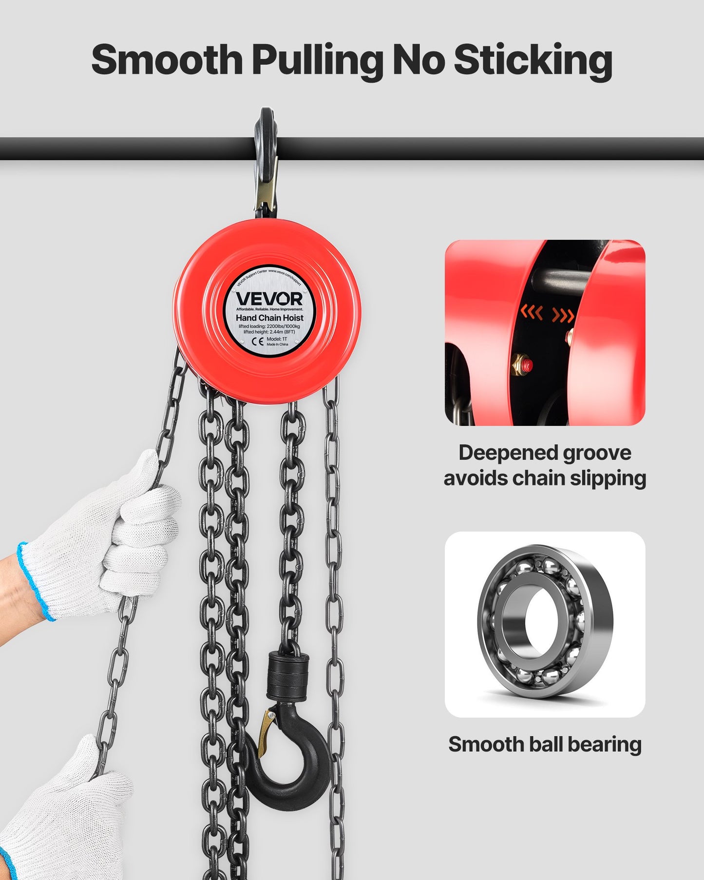 Hand Chain Hoist, 1 Ton 2200 lbs Capacity, Manual Chain Block with Upgrade G70 Galvanized Chain, 8 ft Lifting Height, Heavy Duty Pulley Hoist for Garage Warehouse Automotive Machinery, Red