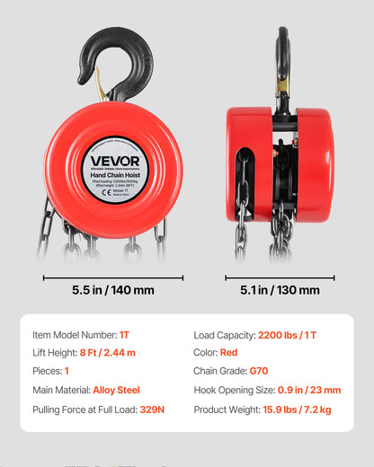 Hand Chain Hoist, 1 Ton 2200 lbs Capacity, Manual Chain Block with Upgrade G70 Galvanized Chain, 8 ft Lifting Height, Heavy Duty Pulley Hoist for Garage Warehouse Automotive Machinery, Red