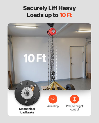 Hand Chain Hoist, 2 Ton 4400 lbs Capacity, Manual Chain Block with Upgrade G70 Galvanized Chain, 10 ft Lifting Height, Heavy Duty Pulley Hoist for Garage Warehouse Automotive Machinery, Red