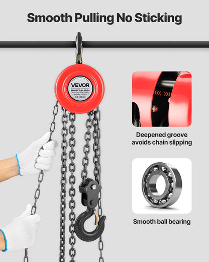 Hand Chain Hoist, 2 Ton 4400 lbs Capacity, Manual Chain Block with Upgrade G70 Galvanized Chain, 10 ft Lifting Height, Heavy Duty Pulley Hoist for Garage Warehouse Automotive Machinery, Red