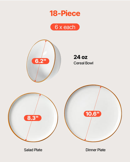 Dinnerware Set, Service for 6 (18 PCS), Round Plates and Bowls Sets, Scratch Resistant Ceramic Dinner Ware, Dishwasher and Microwave Suitable Kitchen Dish, for Dessert Salad Soup Pasta, White