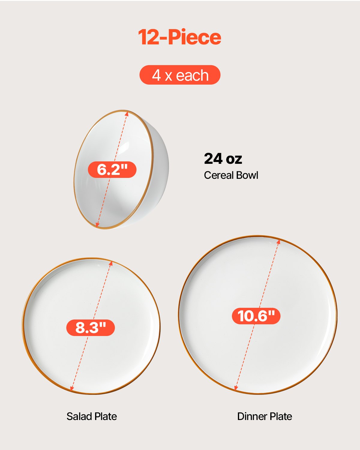 Dinnerware Set, Service for 4 (12 PCS), Round Plates and Bowls Sets, Scratch Resistant Ceramic Dinner Ware, Dishwasher and Microwave Suitable Kitchen Dish, for Dessert Salad Soup Pasta, White