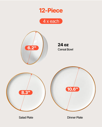 Dinnerware Set, Service for 4 (12 PCS), Round Plates and Bowls Sets, Scratch Resistant Ceramic Dinner Ware, Dishwasher and Microwave Suitable Kitchen Dish, for Dessert Salad Soup Pasta, White