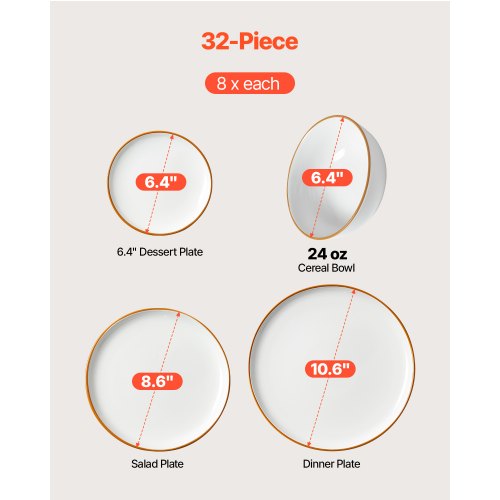 32-teiliges Keramik-Geschirrset, Teller und Schüsseln, für 8 Personen, Weiß | EU