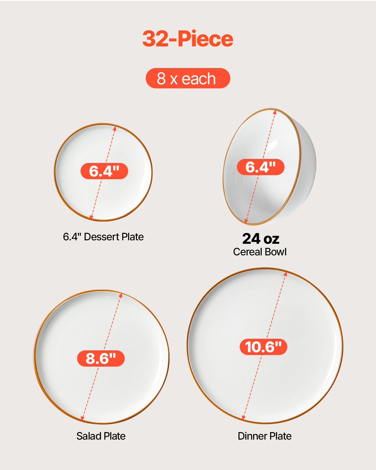 Dinnerware Set, Service for 8 (32 PCS), Round Plates and Bowls Sets, Scratch Resistant Ceramic Dinner Ware, Dishwasher and Microwave Suitable Kitchen Dish, for Dessert Salad Soup Pasta, White