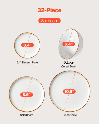 Dinnerware Set, Service for 8 (32 PCS), Round Plates and Bowls Sets, Scratch Resistant Ceramic Dinner Ware, Dishwasher and Microwave Suitable Kitchen Dish, for Dessert Salad Soup Pasta, White