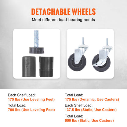 Storage Shelf with Wheels, 4-Tier Adjustable, 700 lbs Capacity, Heavy Duty Garage Shelves Metal Organizer Wire Rack, Black, 47.2" L x 17.7" W x 74" H for Kitchen Pantry Basement Bathroom