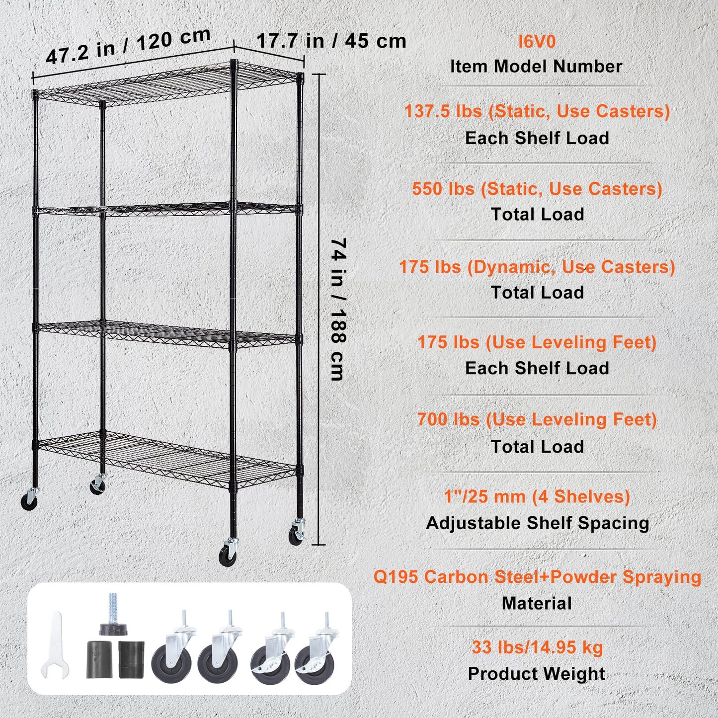 Storage Shelf with Wheels, 4-Tier Adjustable, 700 lbs Capacity, Heavy Duty Garage Shelves Metal Organizer Wire Rack, Black, 47.2" L x 17.7" W x 74" H for Kitchen Pantry Basement Bathroom