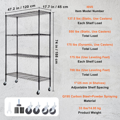 Storage Shelf with Wheels, 4-Tier Adjustable, 700 lbs Capacity, Heavy Duty Garage Shelves Metal Organizer Wire Rack, Black, 47.2" L x 17.7" W x 74" H for Kitchen Pantry Basement Bathroom