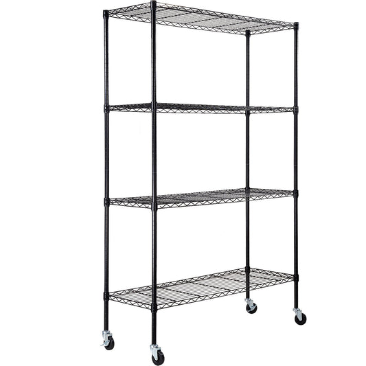 Storage Shelf with Wheels, 4-Tier Adjustable, 700 lbs Capacity, Heavy Duty Garage Shelves Metal Organizer Wire Rack, Black, 47.2" L x 17.7" W x 74" H for Kitchen Pantry Basement Bathroom