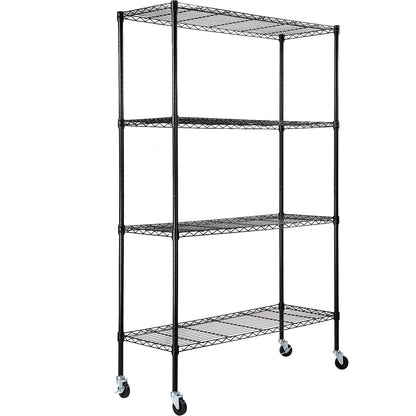 Storage Shelf with Wheels, 4-Tier Adjustable, 700 lbs Capacity, Heavy Duty Garage Shelves Metal Organizer Wire Rack, Black, 47.2" L x 17.7" W x 74" H for Kitchen Pantry Basement Bathroom