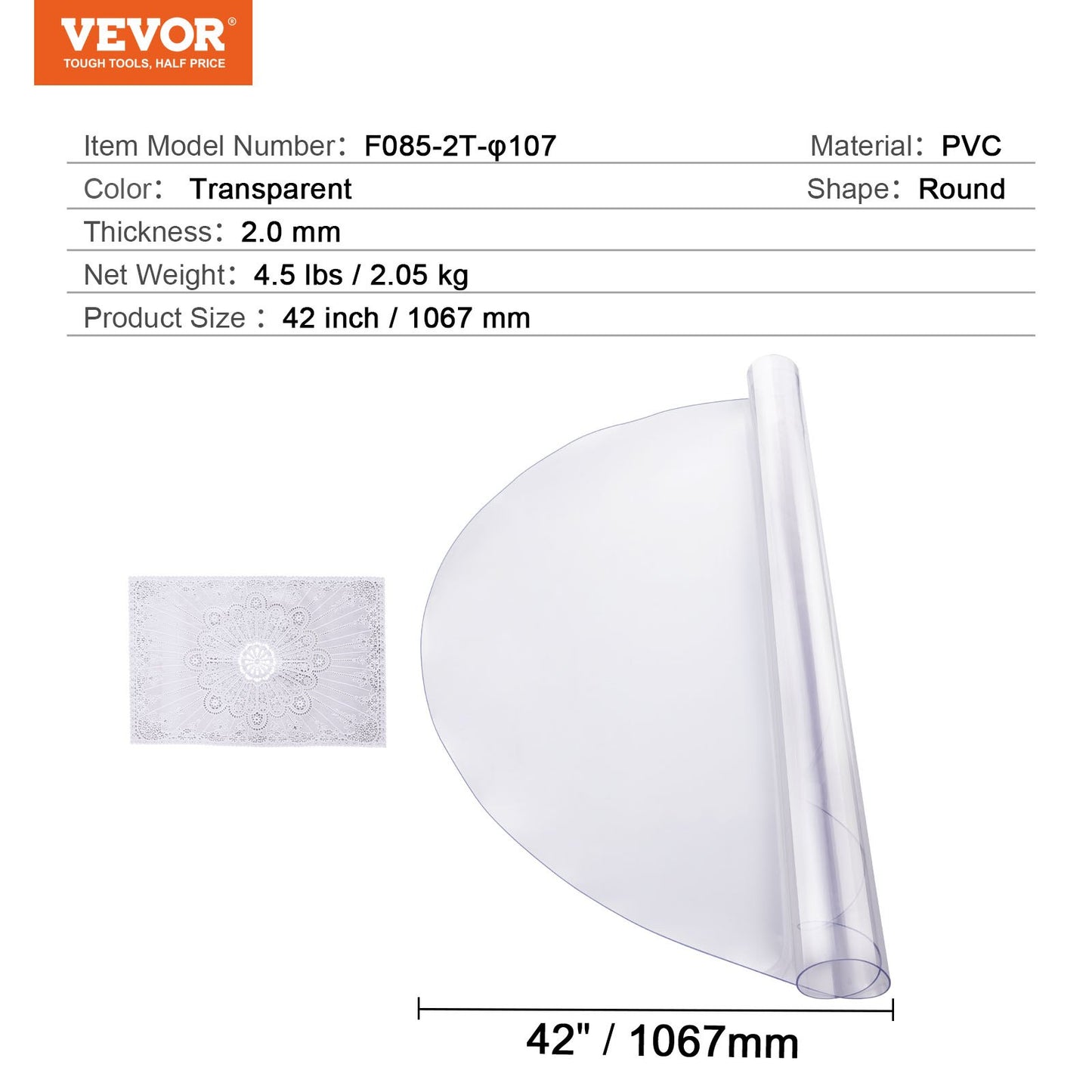 PVC-Tischdecke, runde Schreibtischdecke, 107,7 cm, aus durchsichtigem Kunststoff, 2,0 mm dick