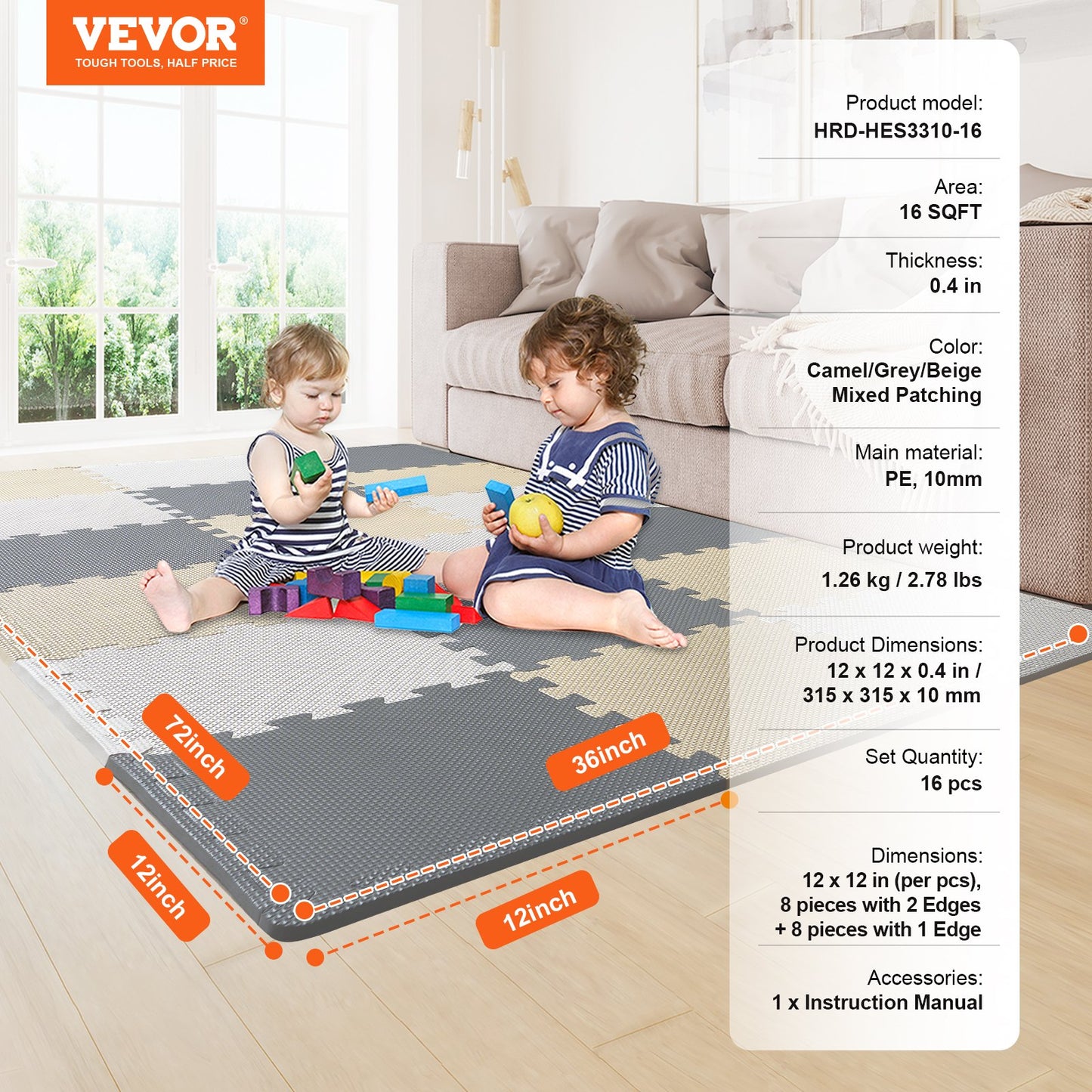 Kinder-Schaum-Puzzle-Boden-Spielmatte 0,4 in 16 Stück ineinander greifenden EVA Soft Tiles