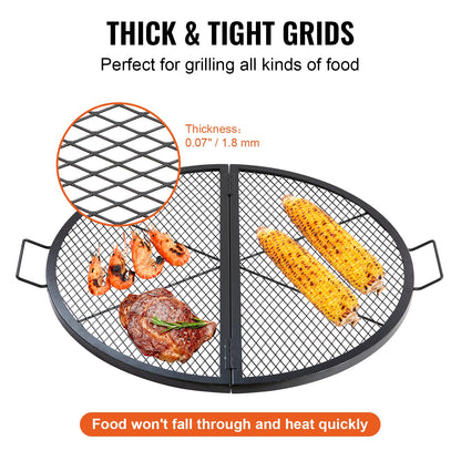 X-Marks Fire Pit Grill Grate, Foldable Round Cooking Grate, Heavy Duty Steel Campfire BBQ Grill Grid with Handle and Support X Wire, Portable Camping Cookware for Outside Party, 36 Inch Black