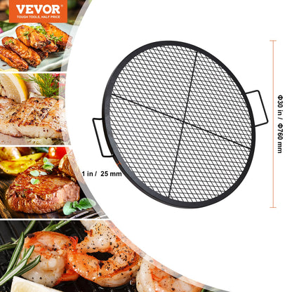 X-Marks Fire Pit Grill Grate, Round Cooking Grate, Heavy Duty Steel Campfire BBQ Grill Grate with Handle and Support X Wire, Portable Camping Cooking Utensil for Outdoor Party and Gathering, 30 Inch Black