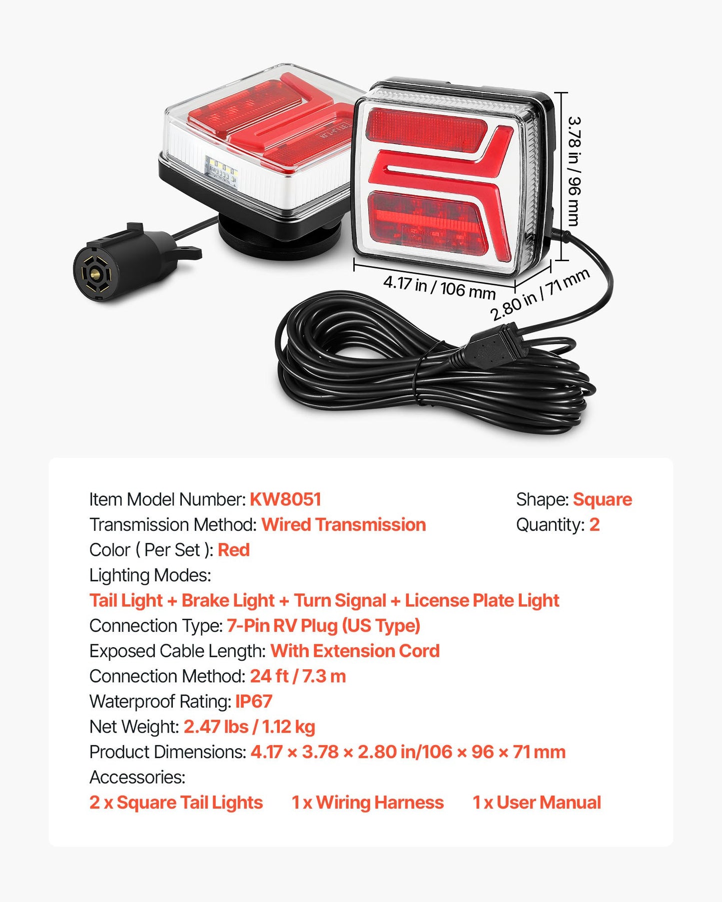 Trailer Lights, 2PCS 12V Square Magnetic LED Trailer Tail Lights Kit with Stop Brake Turn Tail License Lamp, Waterproof Tow Lighting Kit with Wiring Harness for Boat Truck Camper RV Snowmobile