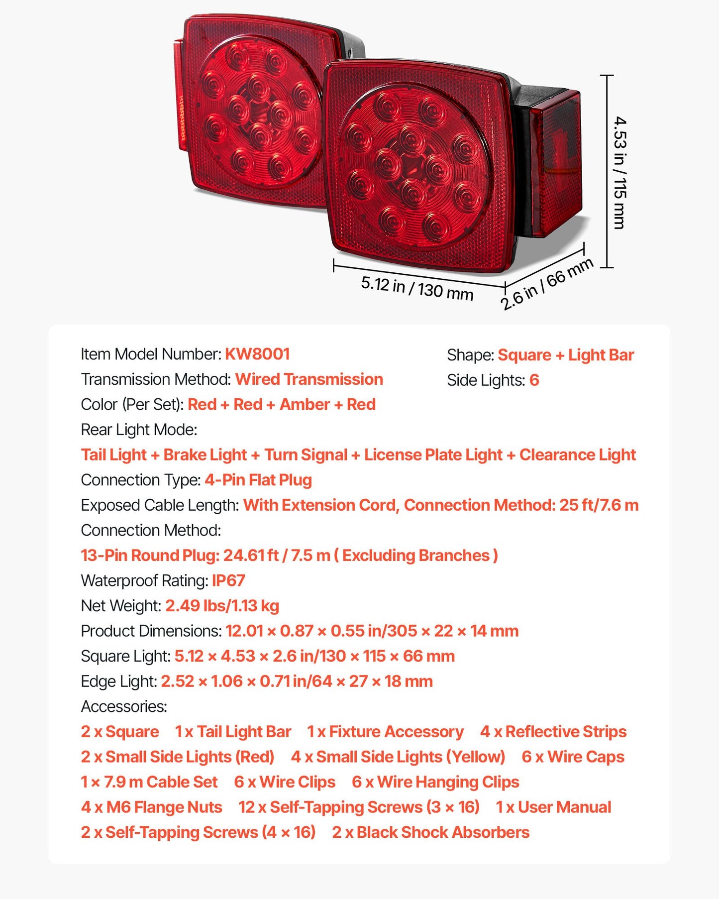 Trailer Lights, 12V LED Trailer Tail Lights Kit with Stop Brake Turn Tail License Plate Clearance Lamp, Waterproof Tow Lighting Kit with Wiring Harness for Boat Truck Camper RV Snowmobile Bus