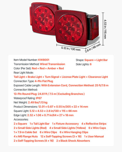 Trailer Lights, 12V LED Trailer Tail Lights Kit with Stop Brake Turn Tail License Plate Clearance Lamp, Waterproof Tow Lighting Kit with Wiring Harness for Boat Truck Camper RV Snowmobile Bus