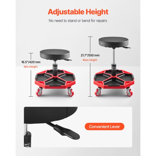 Rollbarer Mechanikerhocker, verstellbarer Garagensitz, 136 kg Tragkraft, mit Rädern | EU