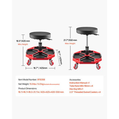 Rollbarer Mechanikerhocker, verstellbarer Garagensitz, 136 kg Tragkraft, mit Rädern | EU