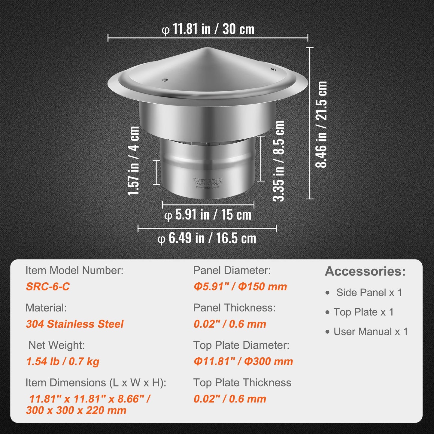 Chimney Cap, 6 inch, 304 Stainless Steel Round Roof Rain Cap, 11.81-inch Increased Caps, All Weather & Reinforced Screws & Easy Installation, for Perfect Insulation Vent Cover Outside, Silver