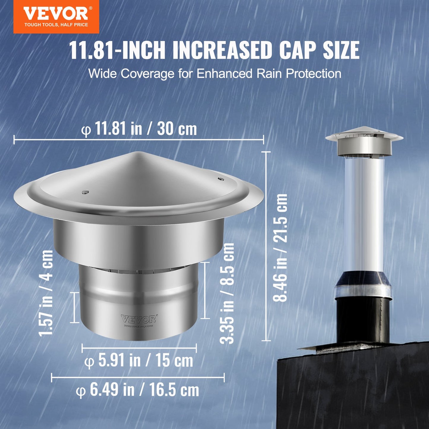 Chimney cap, 152.4 mm, 304 stainless steel rain cover with round roof, 300 mm raised covers, all weather &amp; reinforced screws &amp; easy installation, for perfect insulation External valve cover, silver