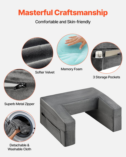 Reading Pillow, Lap Desk Pillow with Washable Cloth, Large Bed Pillow with 2 Pockets and Cup Holder, Memory Foam Bed Rest for Reading, Gaming, Resting, Working, Grey