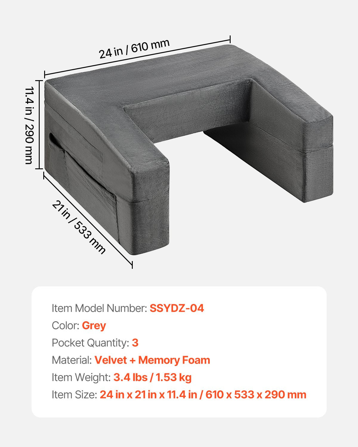 Reading Pillow, Lap Desk Pillow with Washable Cloth, Large Bed Pillow with 2 Pockets and Cup Holder, Memory Foam Bed Rest for Reading, Gaming, Resting, Working, Grey