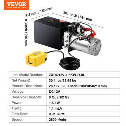 Hydraulic Pump, 8 Quart Dump Trailer Pump, Single Acting Hydraulic Power Unit, 3200 PSI Max Relief Pressure, 0.91 GPM Flow Rate, Hydraulic Pump Power Unit for Dump Trailer Car Lifting