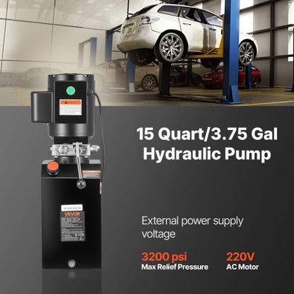 hydraulpump, AC 220V, 15 liter enkelverkande hydraulenhet, 6,3 l/min oljeflöde, max. utloppstryck 22 MPa för dumper, bilverkstad, billyftplattformar, svart |  EU