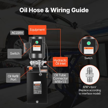 hydraulpump, AC 220V, 15 liter enkelverkande hydraulenhet, 6,3 l/min oljeflöde, max. utloppstryck 22 MPa för dumper, bilverkstad, billyftplattformar, svart |  EU