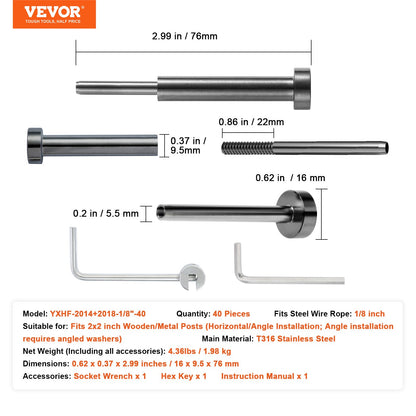 40 Pack Invisible Cable Railing kit, T316 Stainless Steel 1/8" Invisible Receiver and Swage Stud End for Cable Railing, Swage Tensioner 1/8" for Wood/Metal Post, Cable Railing Hardware, Black