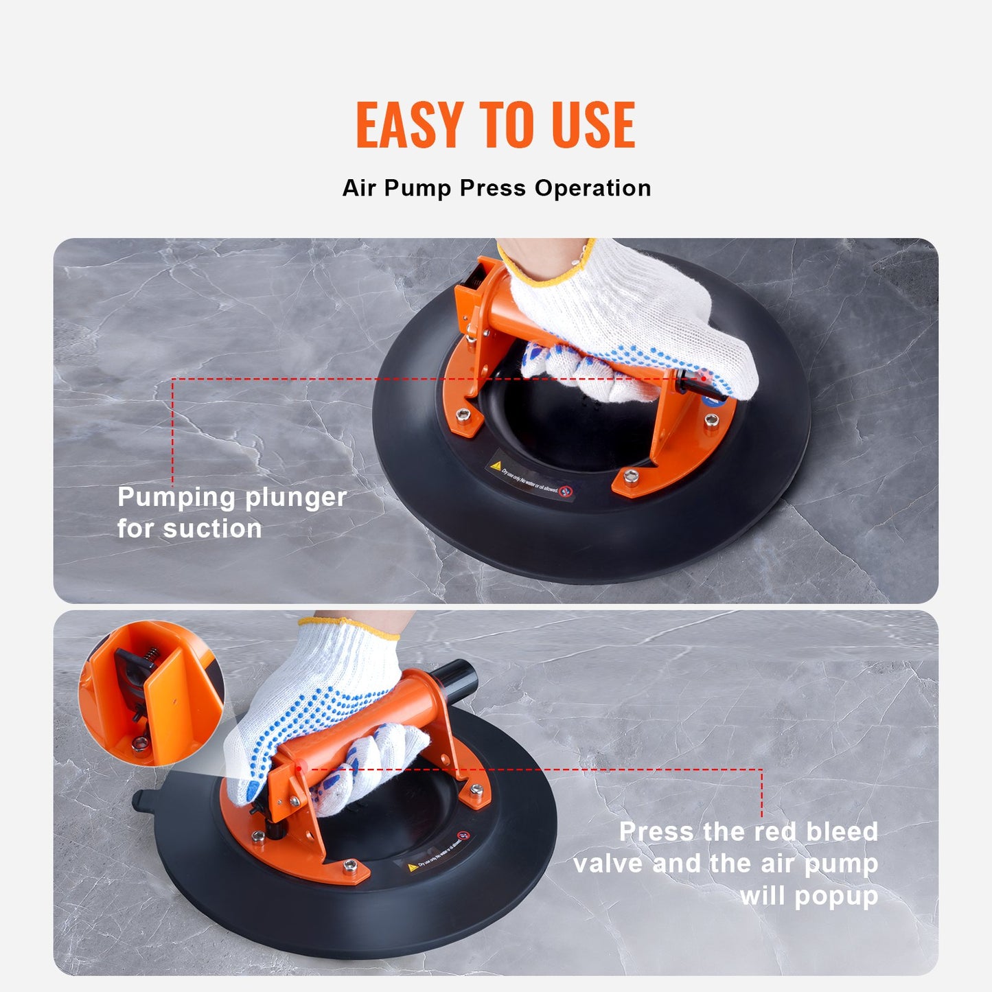 Glassugkopp, 10" 990 lbs lastkapacitet, vakuumsugkopp med stålhandtag & bärlåda, Heavy Duty industriell sugkoppslyftverktyg för glas, granit, kakel, metall, träpanellyft