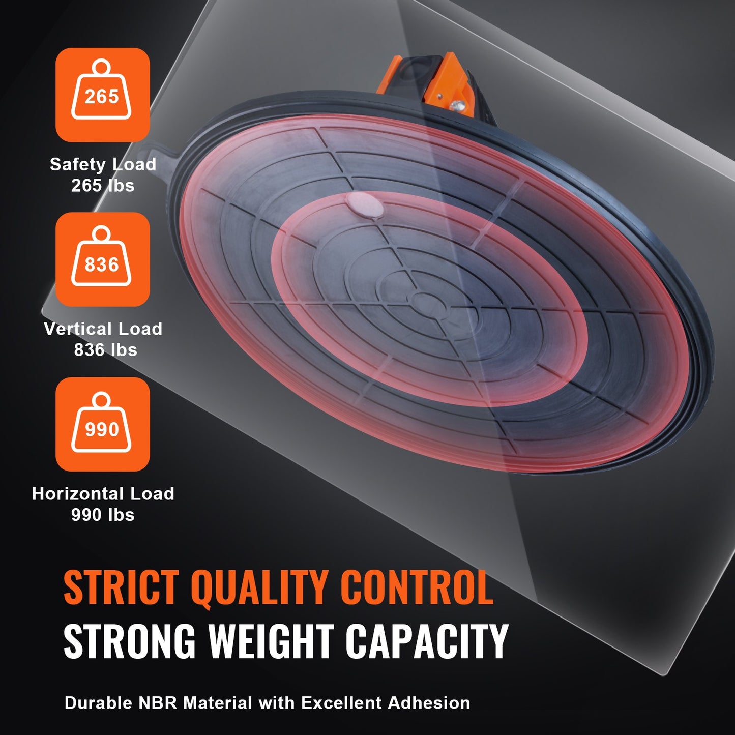Glassugkopp, 10" 990 lbs lastkapacitet, vakuumsugkopp med stålhandtag & bärlåda, Heavy Duty industriell sugkoppslyftverktyg för glas, granit, kakel, metall, träpanellyft