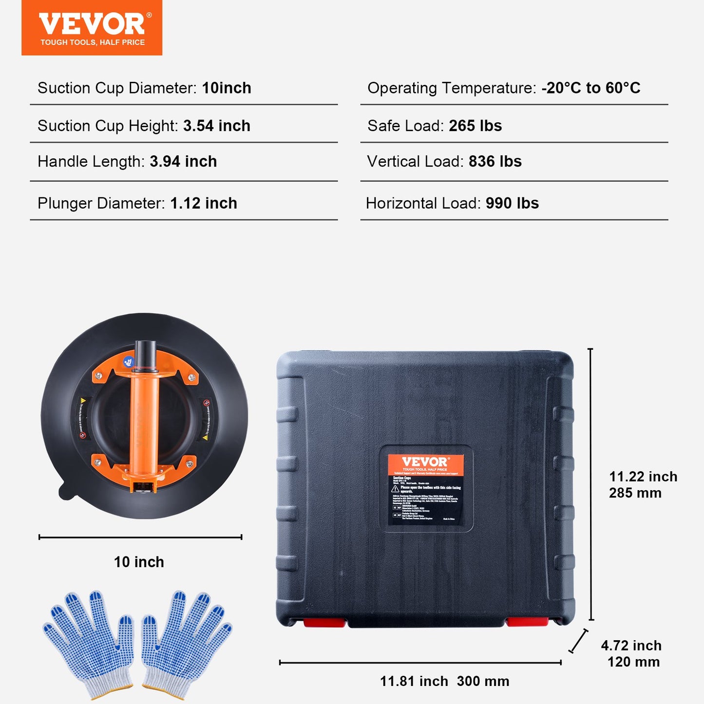 Glassugkopp, 10" 990 lbs lastkapacitet, vakuumsugkopp med stålhandtag & bärlåda, Heavy Duty industriell sugkoppslyftverktyg för glas, granit, kakel, metall, träpanellyft