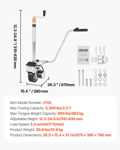 Electric Trailer Dolly, 5500 lbs Towing Capacity, 380W 12V Motorized Jockey Wheel with 23 ft/min Moving Speed, 12.2-24.8 in Adjustable Clamp Height & 8 in Rubber Tire, For Moving Caravan Boat