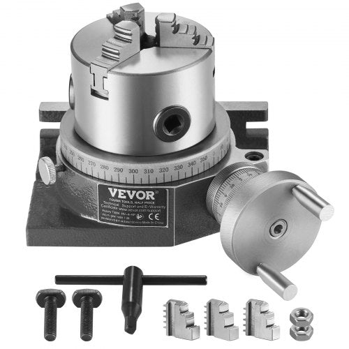 Rotary Table for Milling Machines, 4''/ 100 mm, Horizontal Vertical Model Precision Milling Rotary Table, with 3.1''/80 mm 3-Jaw Chuck M10 T-Bolts Nuts, for Milling Engineering Indexing Tools