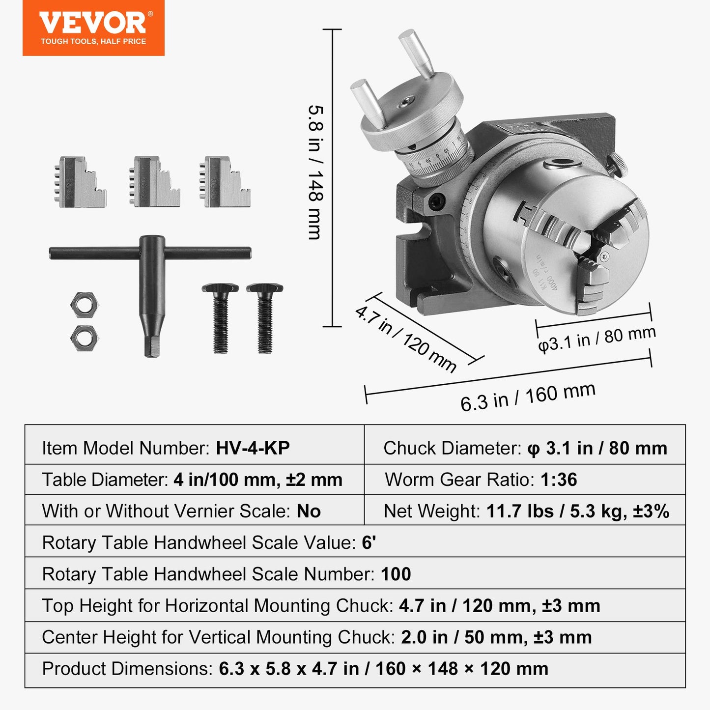 Rotary table for milling machines, 100 mm, horizontal vertical model Precision milling rotary table, with 80 mm 3-jaw chuck M10 T-bolts nuts, for milling indexing tools
