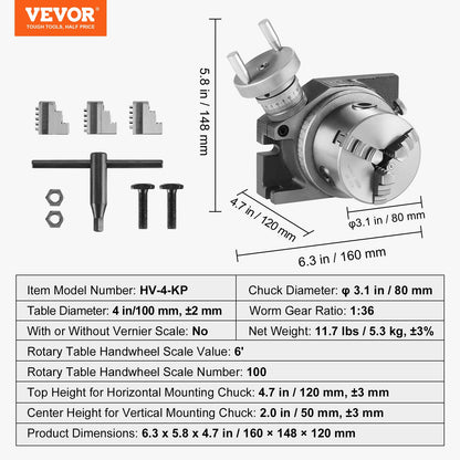 Rotary table for milling machines, 100 mm, horizontal vertical model Precision milling rotary table, with 80 mm 3-jaw chuck M10 T-bolts nuts, for milling indexing tools