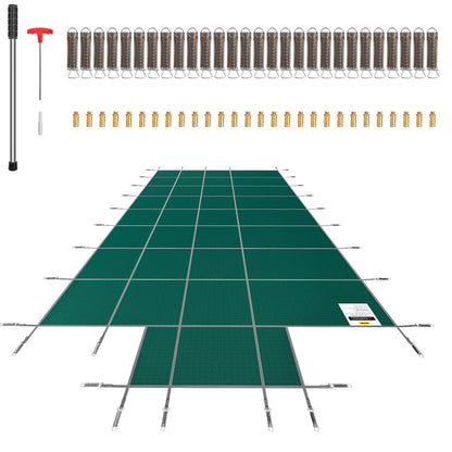 Pool Säkerhetsskydd Passar 16x32ft rektangulära ingravda pooler, Säkerhetspoolskydd med 4x10ft Mitt ändsteg, Mesh Solid Poolöverdrag med dräneringshål för swimmingpool, Vintersäkerhetsöverdrag, Grön