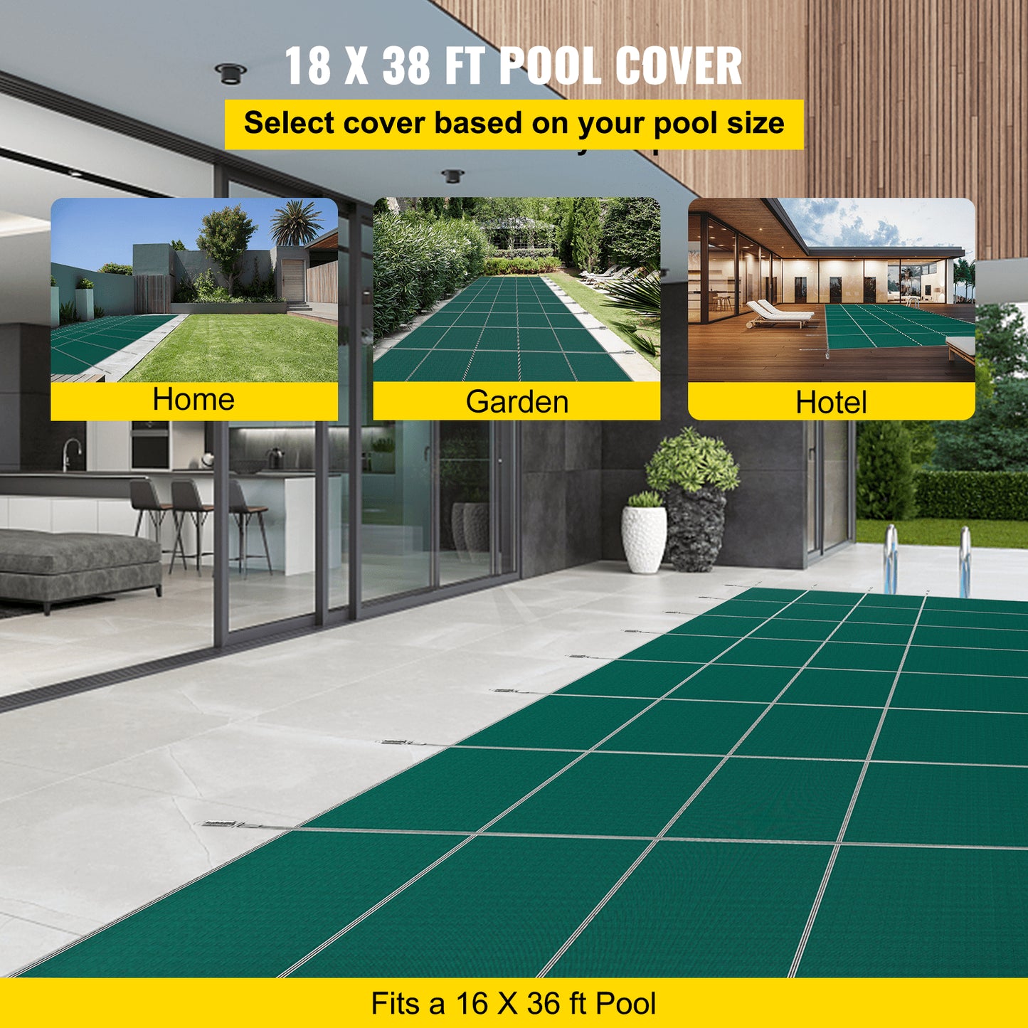 Pool Safety Cover 18x38 ft, Inground Pool Cover Fits 16x36 ft Pool, Rectangle Inground Safe Pool Cover Green Net Solid Pool Safety Cover for Pool Winter Safety Cover