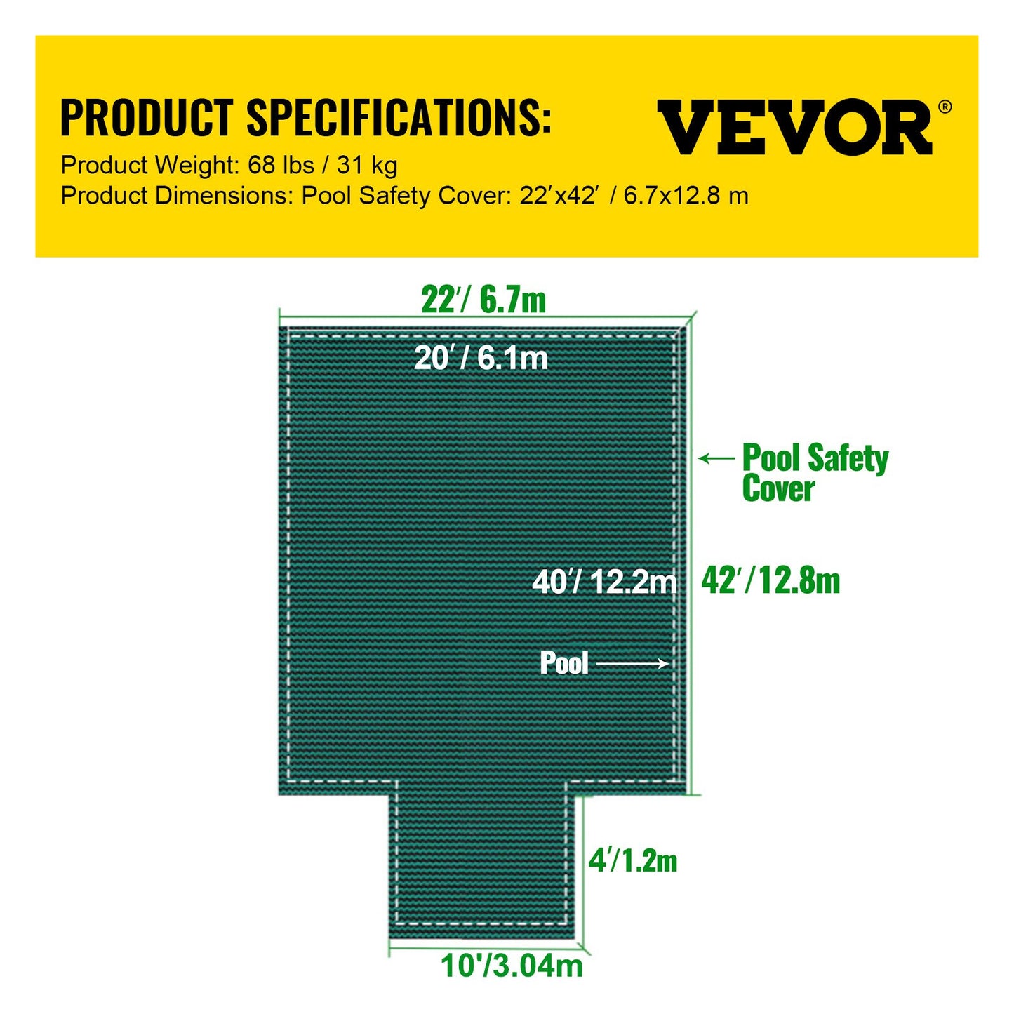 Pool Safety Cover Fits 20x40ft Rectangle Inground Pools, Safety Pool Cover with 4x10ft Center End Steps, Mesh Solid Pool Cover with Drainage Holes for Pool, Winter Safety Cover, Green