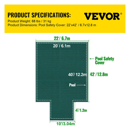 Pool Safety Cover Fits 20x40ft Rectangle Inground Pools, Safety Pool Cover with 4x10ft Center End Steps, Mesh Solid Pool Cover with Drainage Holes for Pool, Winter Safety Cover, Green