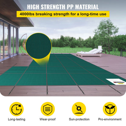 Inground Pool Safety Cover, Fits 20 ft x 40 ft Rectangular Winter Pool Cover with Right Step, Triple Stitched, High Strength Mesh PP, Good Rain Permeability, Installation Hardware Included