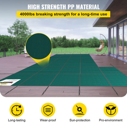 Inground Pool Safety Cover, 18 ft x 34 ft Rectangular Winter Pool Cover with Left Step, Triple Stitched, High Strength Mesh PP Material, Good Rain Permeability, Installation Hardware Included
