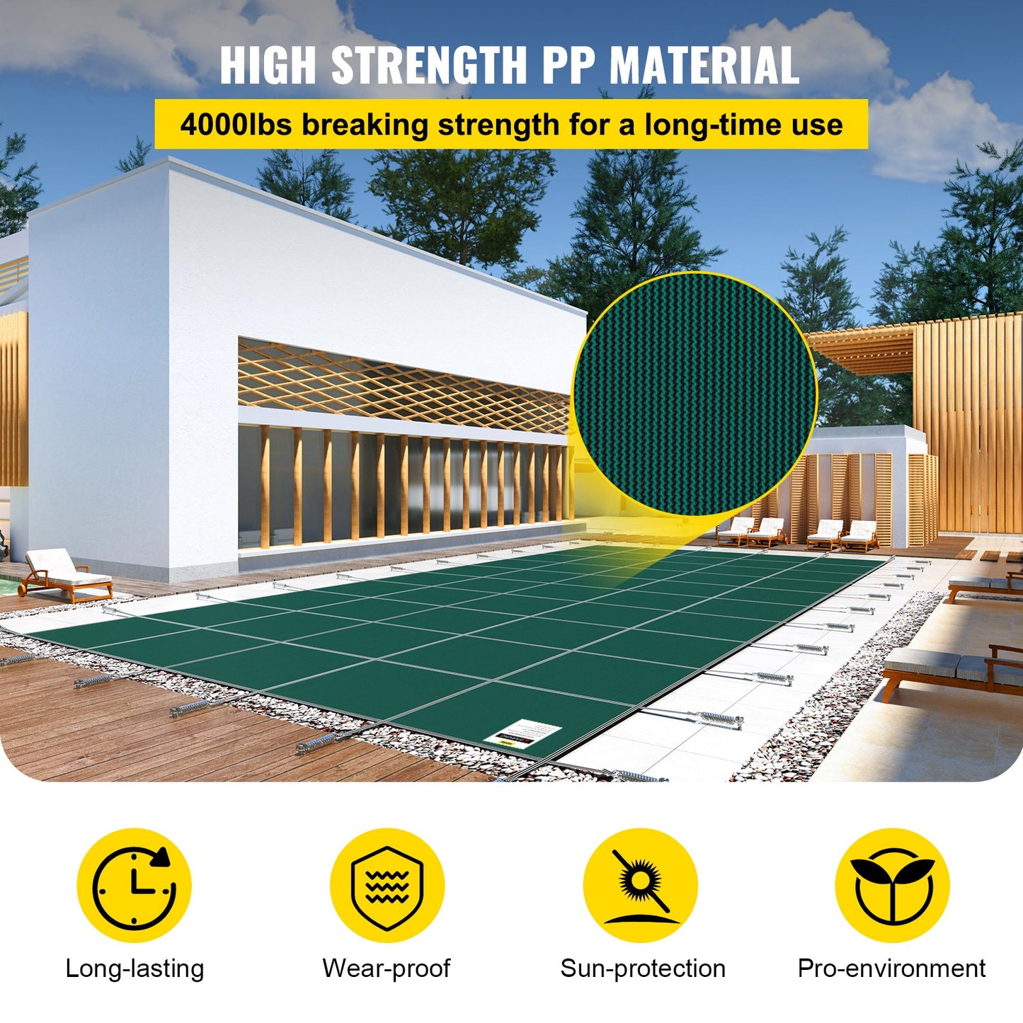 Inground Pool Safety Cover, 14 ft x 26 ft Rectangular Winter Pool Cover, Triple Stitched, High Strength Mesh PP Material with Good Rain Permeability, Installation Hardware Included, Green